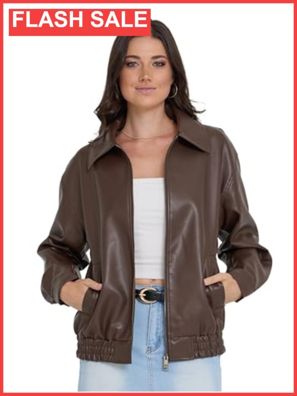 Faux Leather Bomber Motorcycle Jacket Long Sleeve Fitted Aviator